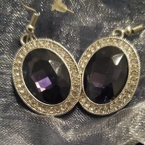 Oval Purple Rhinestone Silver Dangle Earrings